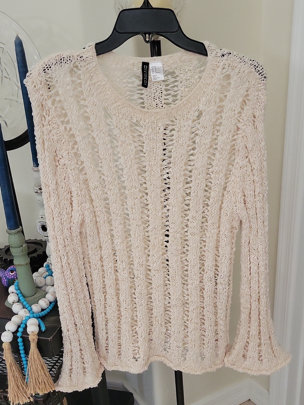 H&M Open Weave Crewneck Sweater in Light Cream